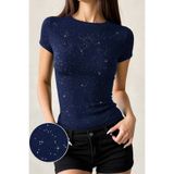 İlayda Toprak Cris Lacivert Simli Cyrstal Detail Slim Fit Kısa Kollu Tam Boy Parıltılı Bisiklet Yaka Bluz