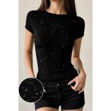 İlayda Toprak Cris Siyah Cyrstal Detail Slim Fit Simli Kısa Kollu Tam Boy Bisiklet Yaka Bluz