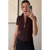 İlayda Toprak Merso Kadın Kısa Kollu Fermuarlı Kahverengi Yoga Spor Bluz