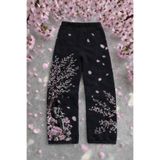İlayda Toprak Night Blossom Sakura Çiçek Şövalye Nakışlı Siyah Oversize Bağcıklı 3 İplik Eşofman Altı