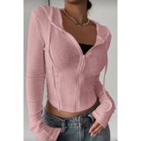 İlayda Toprak Rolly Vücuda Oturan Pembe Fermuarlı Slim Fit Kapüşonlu Bluz