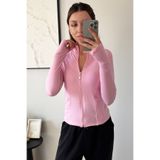 İlayda Toprak Rover Kadın Uzun Kollu Fermuarlı Cepli Parmak Geçirmeli Pembe Fit Spor Bluz