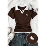 İlayda Toprak Soul Kahverengi Polo Yaka Fitilli Likralı Nakışlı Premium Büzgülü Tam Boy Bluz