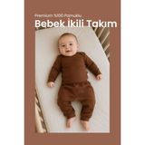 İlays Babywearing Bebek Ikili Ev Giyim - Pijama Takımı Bebek Pijaması Bebek Takımı Bebek Alt Üst Takım - Çikolata