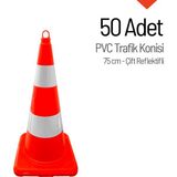 İleri Trafik 50 Adet Pvc Trafik Konisi 75 Cm Çift Reflektifli Trafik Dubası