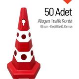 İleri Trafik 50'Li Kedi Gözlü Kırmızı Altıgen Trafik Konisi Seti 65 Cm Trafik Dubası
