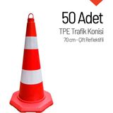 İleri Trafik 50'li TPE Trafik Konisi Seti 70 cm Çift Reflektifli - Ağırlıksız Trafik Dubası