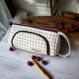 Ilgaz Kareli Büyük Geniş Organik Kanvas Pamuk Bez Kumaş Kalem Kutusu Kalemlik Makyaj Çanta Siyah Beyaz Pembe Yeşil Lüks Son Moda Trend Premium Iki Bölmeli Yeni Sezon Hediye El Yapımı Çok Fonksiyonlu - Bordo