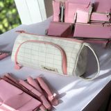 Ilgaz Kareli Büyük Geniş Organik Kanvas Pamuk Bez Kumaş Kalem Kutusu Kalemlik Makyaj Çanta Siyah Beyaz Pembe Yeşil Lüks Son Moda Trend Premium Iki Bölmeli Yeni Sezon Hediye El Yapımı Çok Fonksiyonlu - Pembe - Beyaz