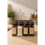 İliva 12'li Cam Baharatlık Takımı-Kare Form Kavanoz-Fonksiyonel Kapaklı-Etiket Hediyeli Pinterest Baharat - Şeffaf - 0,5 ml