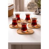 İliva 6 Adet Cam Ince Belli Çay Bardağı + 6 Adet Bambu Bardak Altlığı – Çay Servis ve Sunum Seti - Şeffaf - 0 - 499 ml