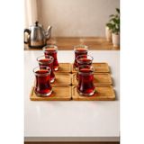 İliva 6'lı Cam Çay Bardağı ve Bambu Bardak Altlığı Seti – Sunumluk Çay Servis Seti, Kurabiyelik Kahvaltılık Tepsi - 0 - 499 ml