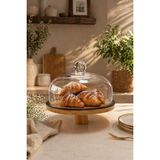 İliva Cam Kapaklı Ayaklı Bambu Pasta Kek Standı Servis Sunum Tabağı, Kek Pasta Fanusu - 28 cm - 2 lt