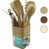 İlk El Grup Ieg™ 11PCS+KOVA Silikon Mutfak Seti Bambu Sap 3-Kaşık- 3-Spatula- 1-Kevgir- 1-Kepçe- 1-Maşa - 51R-Turuncu