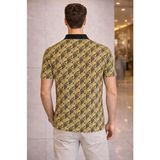 İlk El Grup Ieg™ Erkek Pike Kumaş Polo Yaka Palmiye Desenli Tişört Kısa Kol Yazlık T-Shirt - Sarı