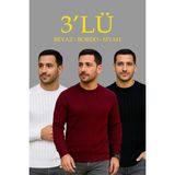 İlk El Grup Ieg™ Fitilli Triko Kazak 3’lü Set – Beyaz, Bordo, Siyah | Kalın Dokuma Pamuklu Regular Fit B - Siyah - Beyaz - Bordo