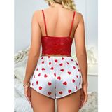 İlk El Grup Ieg™ Kadın Kırmızı Kalp Desenli Şort Askılı Dantel Üst Pijama Takımı 2218 - S - M