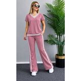 İlk El Grup Ieg™ Kadın Kısa Kollu V Yakalı Viskon Iki Iplik Bluz ve Pantolon Ikili Takım - Pembe - L - XL