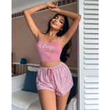 İlk El Grup Ieg™ Kadın Pembe Çizgili Desen Askılı Şortlu Pijama Takım 9002 - Samoa