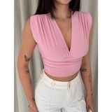 İlk El Grup Ieg™ Kadın Vatkalı Kolsuz V Yaka Drapeli Crop Bluz Likralı Fit - Pembe - XS