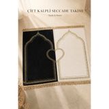 İlkbenaldim Çift Kalpli Siyah Beyaz Gold İşlemeli İkili Seccade Seti | Çeyizlik ve Hediyelik Namazlık