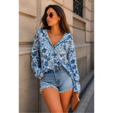 İLKCET MODA Çiçek Desen Mavi Vintage Kadın Oversize Gömlek