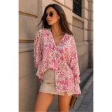 İLKCET MODA Çiçek Desen Pembe Vintage Kadın Oversize Gömlek