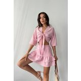 İLKCET MODA Önden Bağlamalı Keten Şortlu Etek Takım