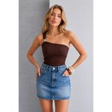 İLKCET MODA Tek Omuz Gold Aksesuarlı Kahve Crop Bluz