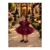 İlknur Karaca Design Bordo boncuklu balon kollu kuyruklu kız çocuk düğün kına doğum günü elbisesi