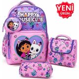Ilkokul 4’lü Set Happy Clup Okul Çanta Seti Beslenme Çantası+Kalemlik+Silgilik - Pembe