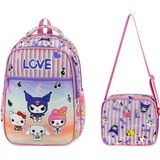 Ilkokul Çantası Kuromi 2'li Set 40*30 cm Beslenme Çantası Ortopedik Sırt Çantası Kız Çocuk - Mor