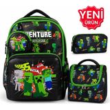 Ilkokul Erkek 4’lü Okul Çanta Seti Beslenme Çantası+Kalemlik+Silgilik - Siyah-Yeşi