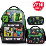 Ilkokul Erkek 4’lü Okul Çanta Seti Beslenme Çantası+Kalemlik+Silgilik - Yeşil-Siyah