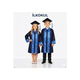 İLKOKUL UNISEX Renkli Şeritli Siyah Mezuniyet Cübbesi ve Kep Takımı
