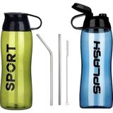 İlksoft Okul Su Matarası Suluk (750 ml) Bpa Içermez + Metal Pipet 2li Temizleme Fırçası - Mavi - Yeşil