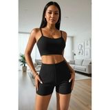 İlkyaz Fashion Ieg™ Kadın Siyah Kaşkorse Şortlu Crop Atlet Takım Esnek Kumaş Yüksek Bel - L - XL