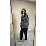 İlmek 25034 Kadın Oversize Çizgili Kazak Siyah