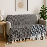 İlmeki %100 Geri Dönüştürülmüş Iplikten Üretilmiş Armürlü Yatak Örtüsü / Pike / Koltuk Örtüsü – Düğüm Saçaklı – 200X230 cm - Siyah - Beyaz