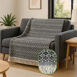Ilmeki Siyah Renk Destina Koltuk Örtüsü / Yatak Örtüsü / Pike – 170X210 cm – %100 Geri Dönüştürülmüş Iplik – Şık ve Doğal Dokuma – Normal Saçaklı - Siyah - Beyaz - 170 x 215 cm