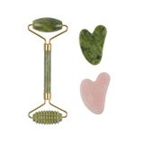 İLTERUS Tırtıklı Yeşim Face Roller, Pembe Kuvars Kalp Ve Yeşim Kalp Gua Sha Set
