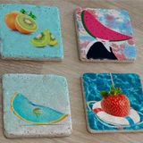 İlüstrasyon Meyve Manipülasyon Doğal Taş Bardak Altlığı 4'lü set - Natural Stone Coasters