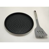 İly Granit Delikli Pizza Tepsisi - Metal Saplı Gri Spatula - 32 cm - Siyah