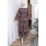 İmaj Butik Acı Kahve Eteği Katlı Desenli Şifon Elbise - 38 - 40