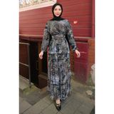 İmaj Butik Antrasit Eteği Katlı Desenli Şifon Elbise - 46