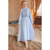 İmaj Butik Bebe Mavi Bel Lastikli Fırfırlı Elbise - 42 - 44