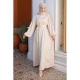 İmaj Butik Bej Balon Kol Taşlı Saten Abiye Elbise - 42