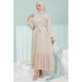 İmaj Butik Bej Çiçek Bronşlu Şifon Elbise - 42 - 44
