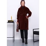 İmaj Butik Bordo Bel Kuşaklı Çift Cepli Angora Kaban - 42 - 44
