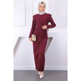 İmaj Butik Bordo Ön Büzgülü Vatkalı Elbise - 38 - 40